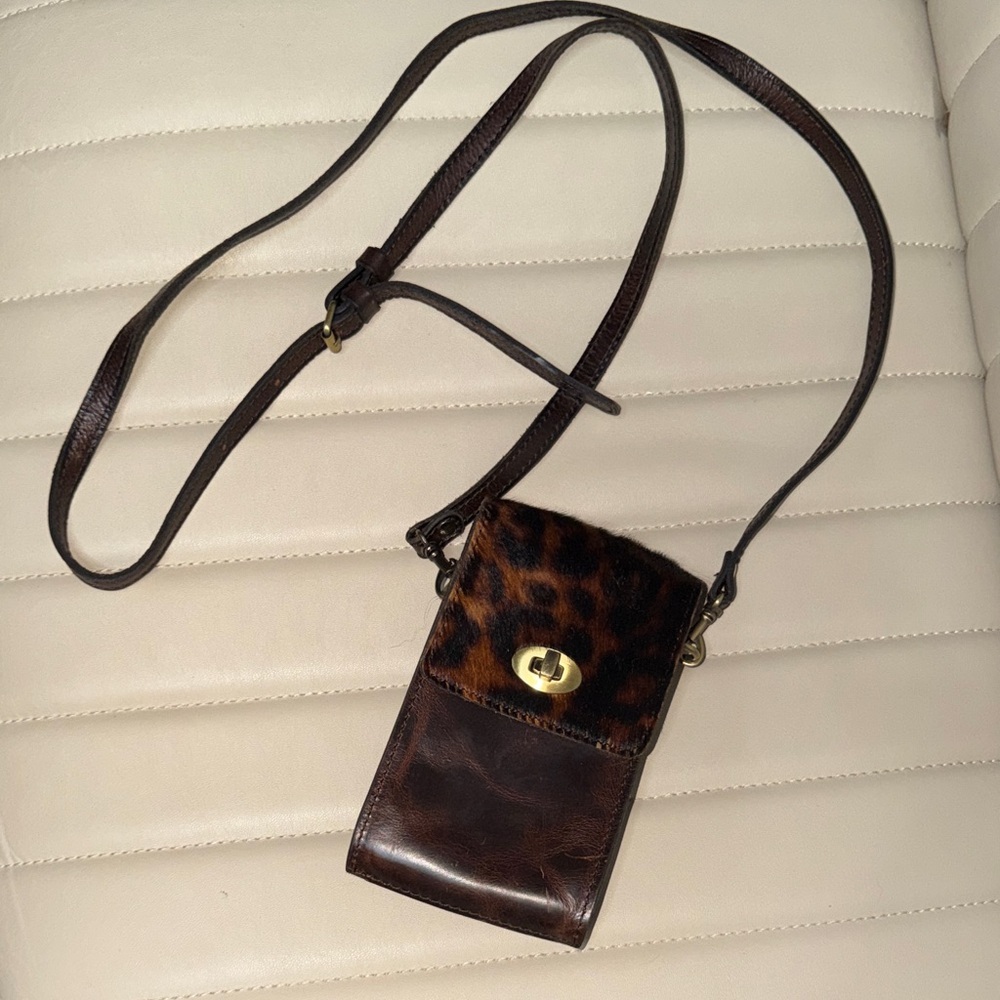 Y2K Patricia Nash Rivella calf hair leopard chocolate Leather slim Crossbody Bag - Picture 3 of 17